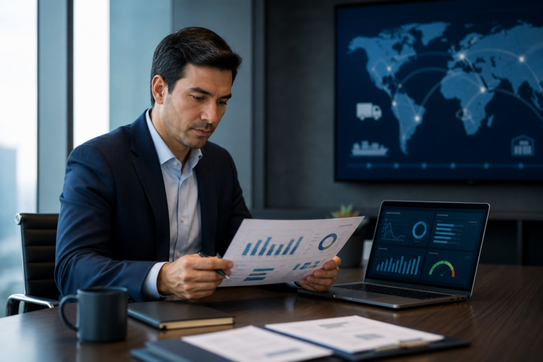 Procurement manager reviewing supplier performance scorecard and supply chain KPI dashboard