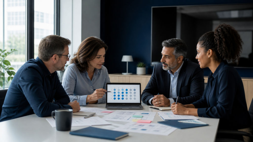 Cross-functional procurement team aligning requirements, budget, and evaluation criteria before sourcing